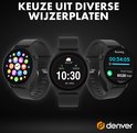 Drie zwarte smartwatches met verschillende wijzerplaten: kleurrijke iconen, klok met weer en hardloopstatistieken.