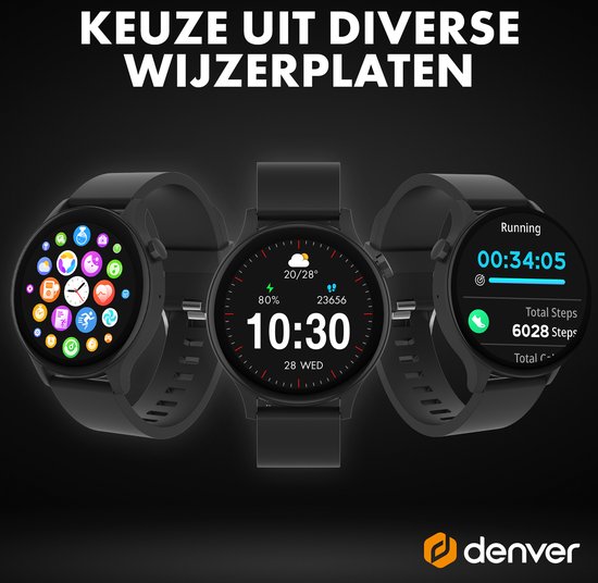 Drie zwarte smartwatches met verschillende wijzerplaten: kleurrijke iconen, klok met weer en hardloopstatistieken.