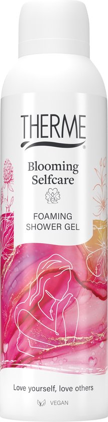 THERME Blooming Selfcare schuimende douchegel met een roze, rode en gouden inktachtige bloemenprint en een silhouet van twee mensen.