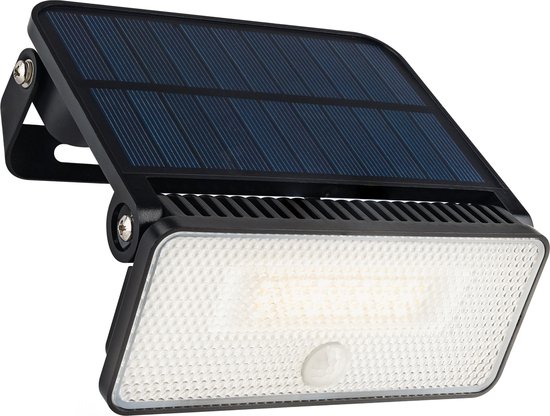 Projecteur solaire Brendz avec cadre noir, panneau solaire et lampe LED blanche.