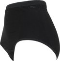Zwarte high-waist slip, gedraaid, met zichtbare tailleband met logo.