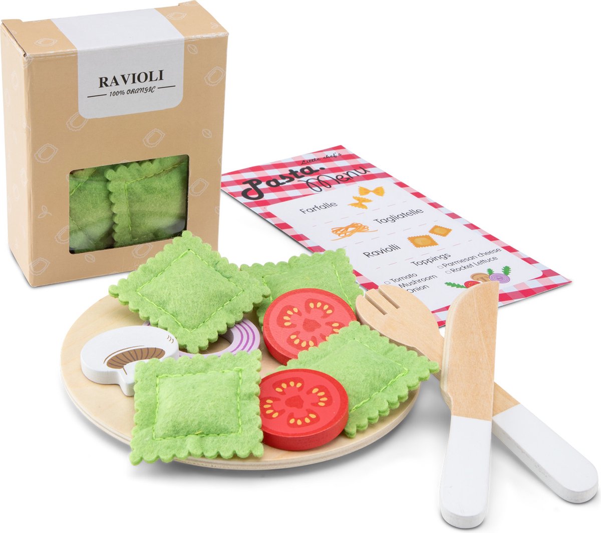 Woet® Houten Speelgoed Pasta Set - 'Maak je eigen pasta' Speelgoedset - FSC - Inclusief Ravioli, Tagliatelle, Farfalle & Saus - Speelgoedeten - Rollenspel Keukenset - Vanaf 3 Jaar — afbeelding 9