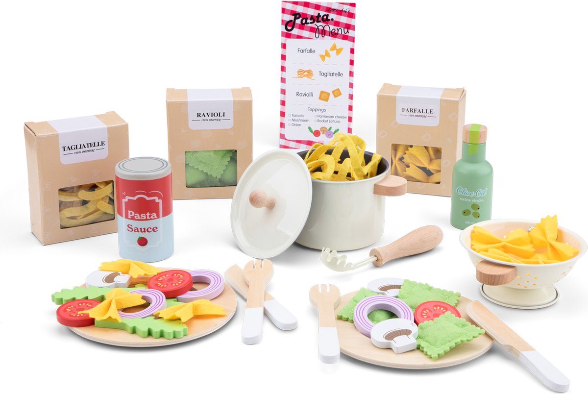 Woet® Houten Speelgoed Pasta Set - 'Maak je eigen pasta' Speelgoedset - FSC - Inclusief Ravioli, Tagliatelle, Farfalle & Saus - Speelgoedeten - Rollenspel Keukenset - Vanaf 3 Jaar — afbeelding 7