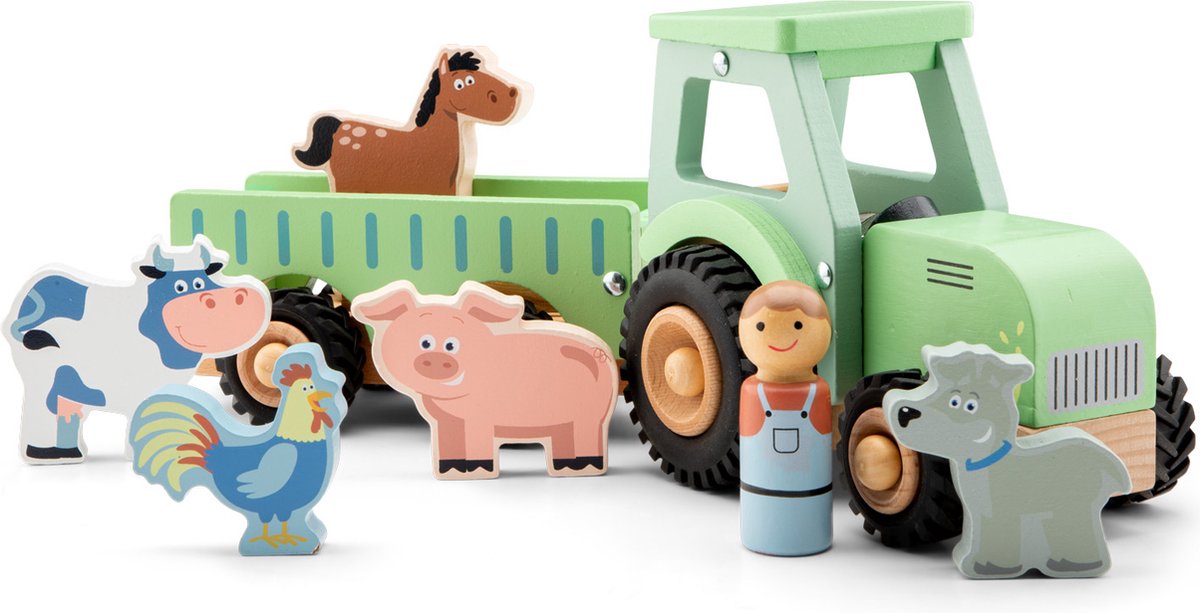 Woet® Houten Tractor met Aanhanger - Inclusief 5 Boerderijdieren - Groen - Educatief Speelvoertuig - Rollenspel Speelgoed - Vanaf 18 Maanden — afbeelding 2