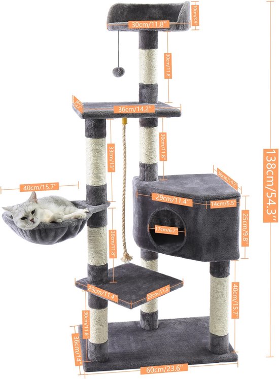Krabpaal 175 Cm Hoog Kattenhuis Met Sisal Stammen En Krab Kattenkrabpaal Modern Kattenmeubel Met 6 Verdiepingen Grijs