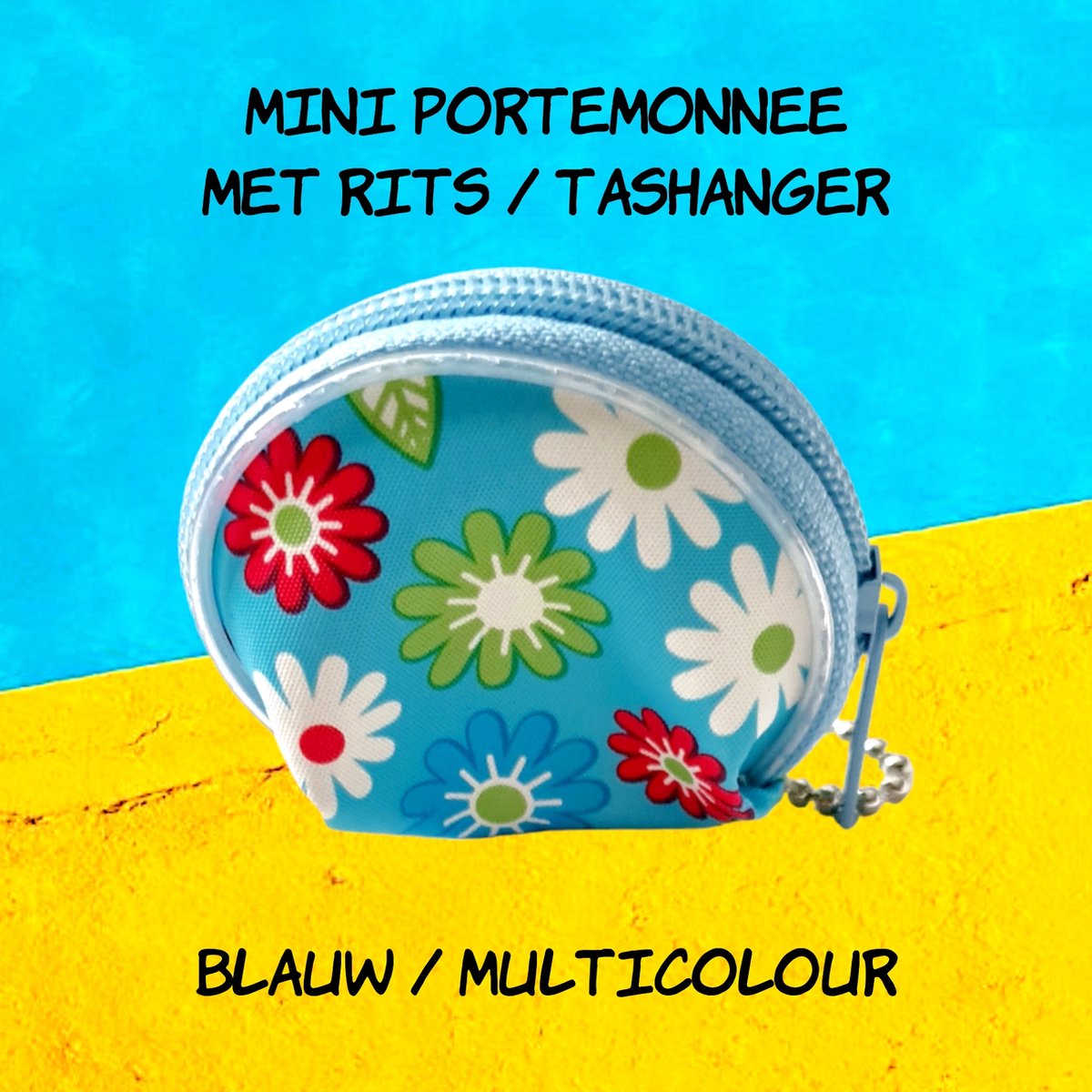 Going Retro® - Ronde mini muntgeld portemonnee / earplug opbergtasje - bloemen - basis blauw / multicolour madeliefje daisy - 4,5 cm - Sleutelhanger Tashanger - kinderen jeugd volwassenen - meisjes dames - casual feest verjaardag