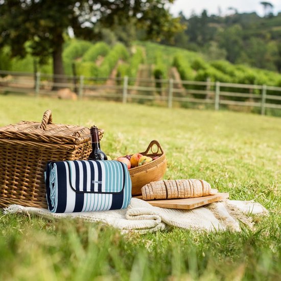 Relaxdays picknickkleed xxl, 200x300 cm, waterdichte onderkant, park, strand, camping, gestreept buitenkleed, blauw-wit