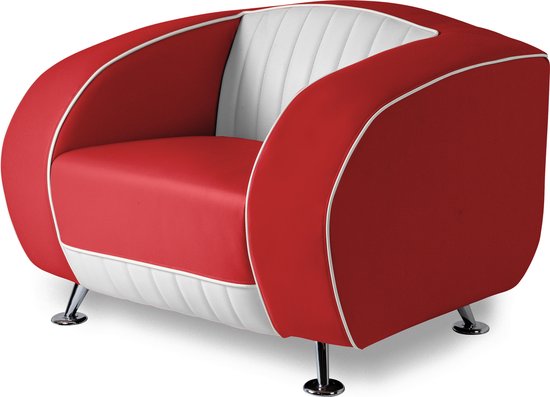Rode fauteuil met witte biezen en een wit, gestreept zitvlak, op chromen pootjes.