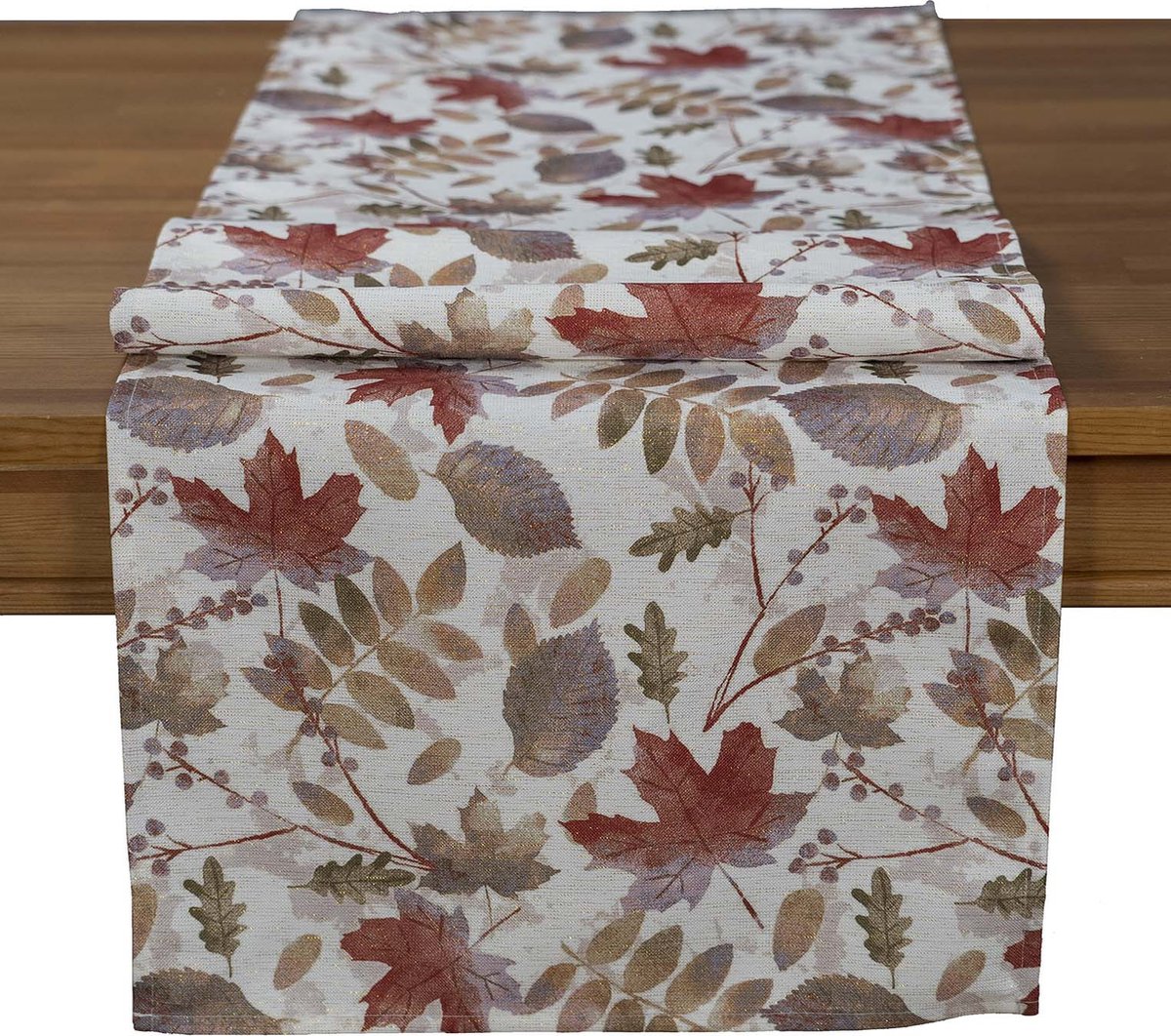 Tafelloper - Herfstbladeren - Bedrukt - Groen - Rood - met goud glitterdraad - Loper 140 cm