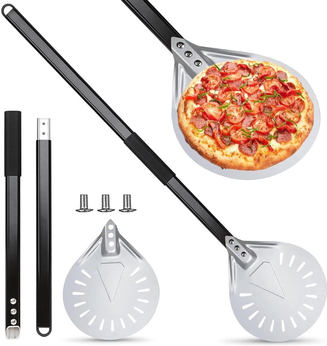 Geperforeerde 8 inch pizzaschep pizzaschuiver van hard geanodiseerd aluminium 80 cm afneembare metalen handgreep ideaal voor pizzaoven