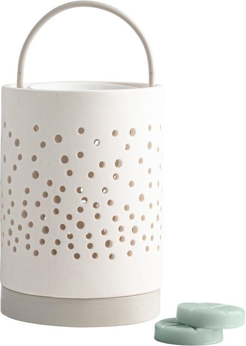 Gusta - Waxbrander - Incl. 2 waxmelts - Hout, keramiek en metaal - Offwhite - ø10x19,5 cm