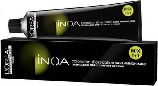 Tube en doosje L'Oréal Professionnel INOA met de tekst "Coloration d'oxydation sans ammoniaque".