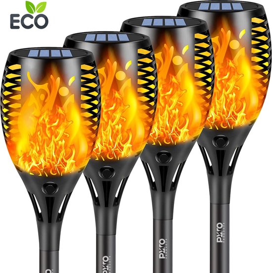 PyroProducts® Tuinverlichting op Zonne Energie – 4x Solar Tuinfakkels met Vlameffect – Waterbestendig (IP65) – Voor Tuin & Balkon