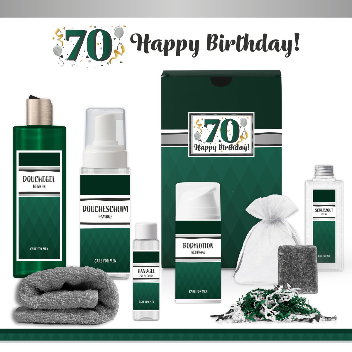Goedkoopste Geschenkset “70 Jaar Happy Birthday!” - 7 producten - 850 gram | Giftset voor hem - Luxe wellness cadeaubox - Cadeau Pakket man Verjaardag - Gefeliciteerd Zeventig jaar Feestje - Gift Set Douchegel Cadeaupakket Deluxe - Verjaardagscadeau Opa - Groen