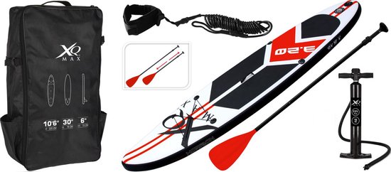 XQMax SUP Board - Opblaasbaar Paddle Board - Complete Set R- Met Pomp / Draagtas / Verstelbare Peddel / Enkelkoord / Reparatiekit - Max. 150KG - 320x76cm - Rood