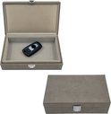 Grijze stoffen box, deels open met een autosleutel erin, en gesloten met "Recalma" logo. Afmetingen: 21x13x6 cm.