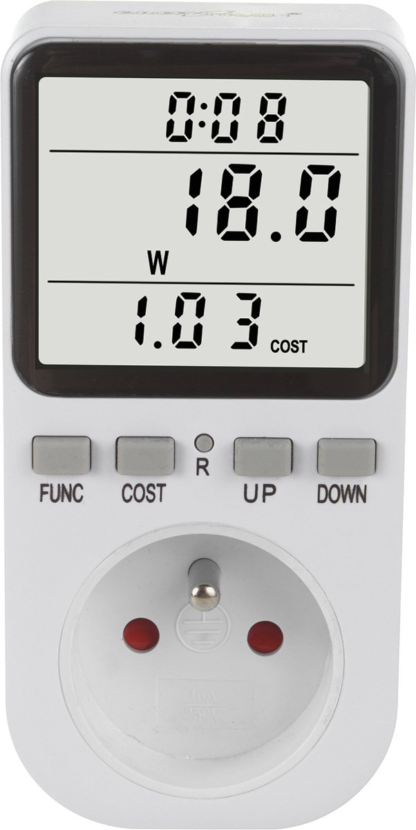GreenBlue - Energiemeter – Verbruiksmeter - wattmeter - Elektriciteitsmeter – Energiekosten- Type E - 220-240V AC, 50Hz, max. belasting 16A, IP20, ingebouwde batterij, GB364 E