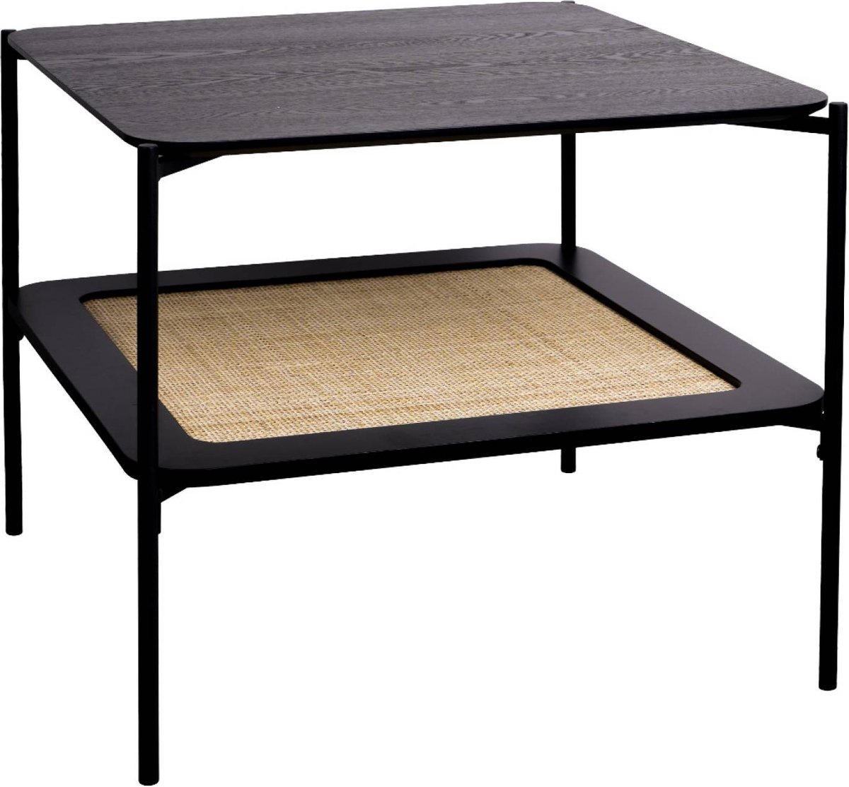 sweeek - Vierkante vintage salontafel met dubbele bladen in houtlook en vlechtwerk, voet en structuur in zwart metaal