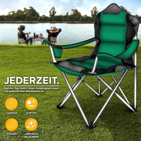 Campingstoel, opvouwbaar, klapstoel, campingstoel met armleuningen, 150 kg belastbaarheid, vouwstoel, visstoel, tuinstoel, campingstoel, voor tuin, balkon, strand (groen