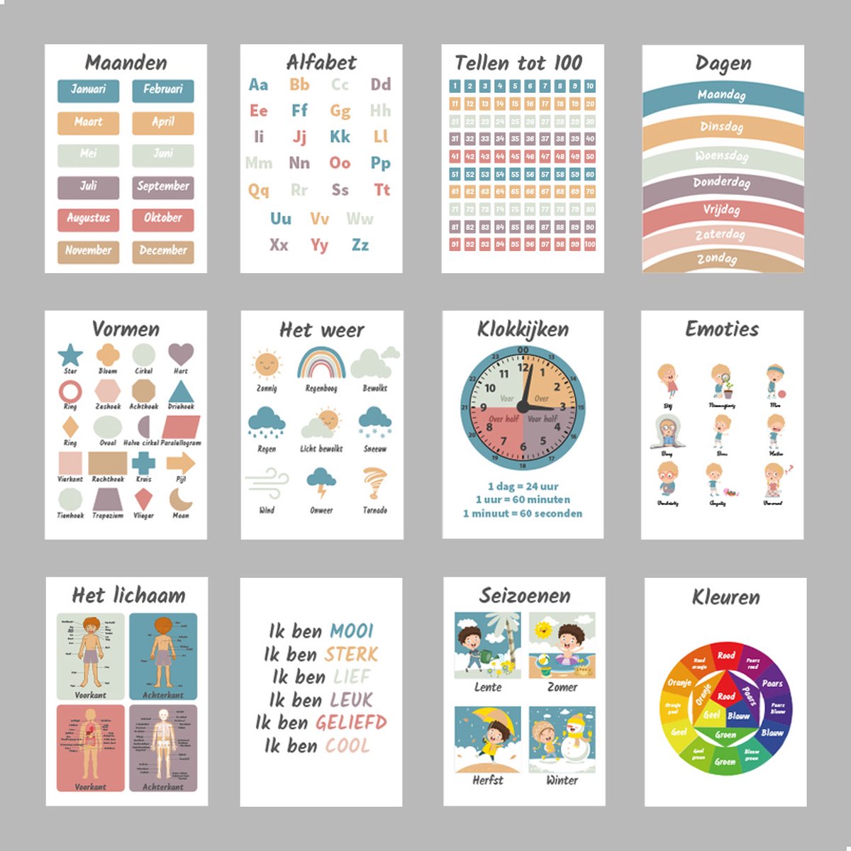 Educatieve Posters set 12 stuks 30cm x 40cm - Alfabet - Klokkijken - Tellen - Kleuren - Dagen - Maanden - Weer - Seizoenen - Lichaam