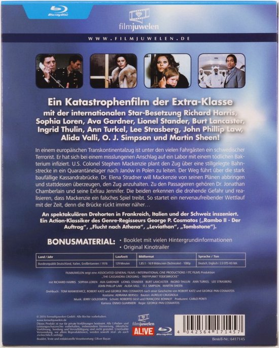 Achterkant Blu-ray hoes "Cassandra Crossing" met filmdetails, beschrijving en bonusmateriaal.