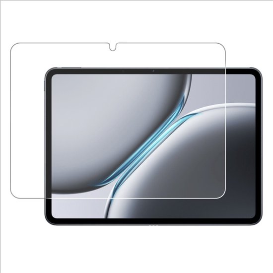 Transparante screenprotector op een tablet met donkere randen en een abstracte achtergrond.