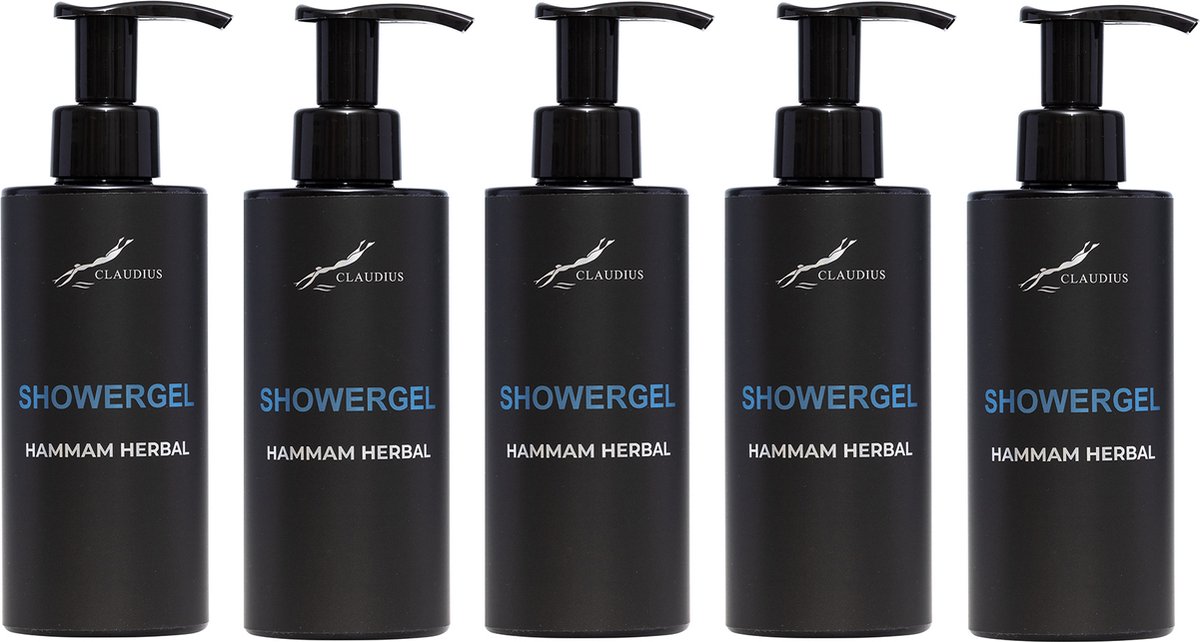 Goedkoopste Showergel Hammam Herbal 300 ml - met pomp - zwarte fles - set van 5 stuks - Douchegel - Voordeelverpakking