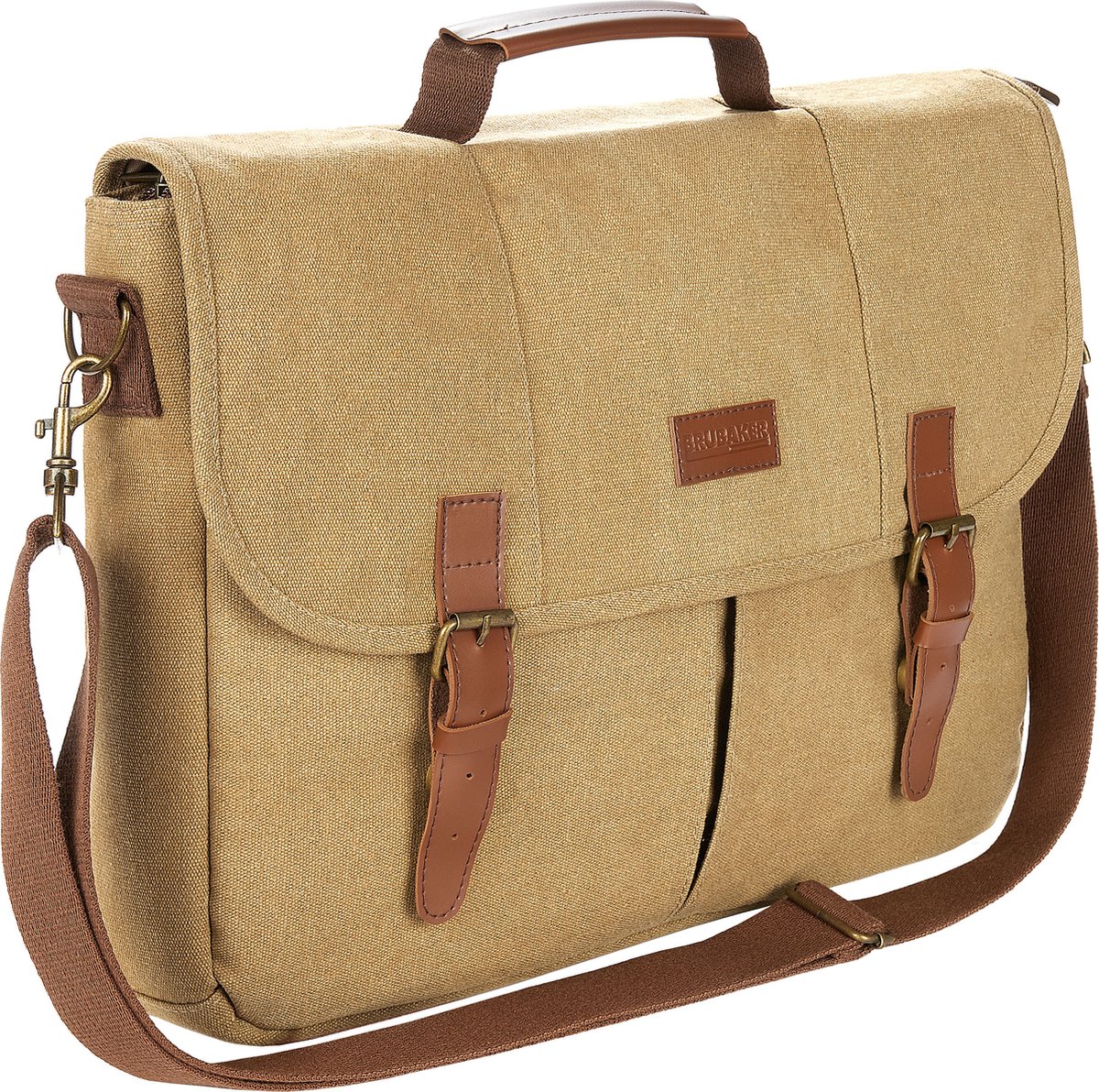 BRUBAKER Schoudertas 'Safari' - Vintage Laptoptas van Poly Canvas - Aktetas voor Dames en Heren met Magneetsluiting - Retro Werktas voor Laptop - Boodschappentas - Bruin
