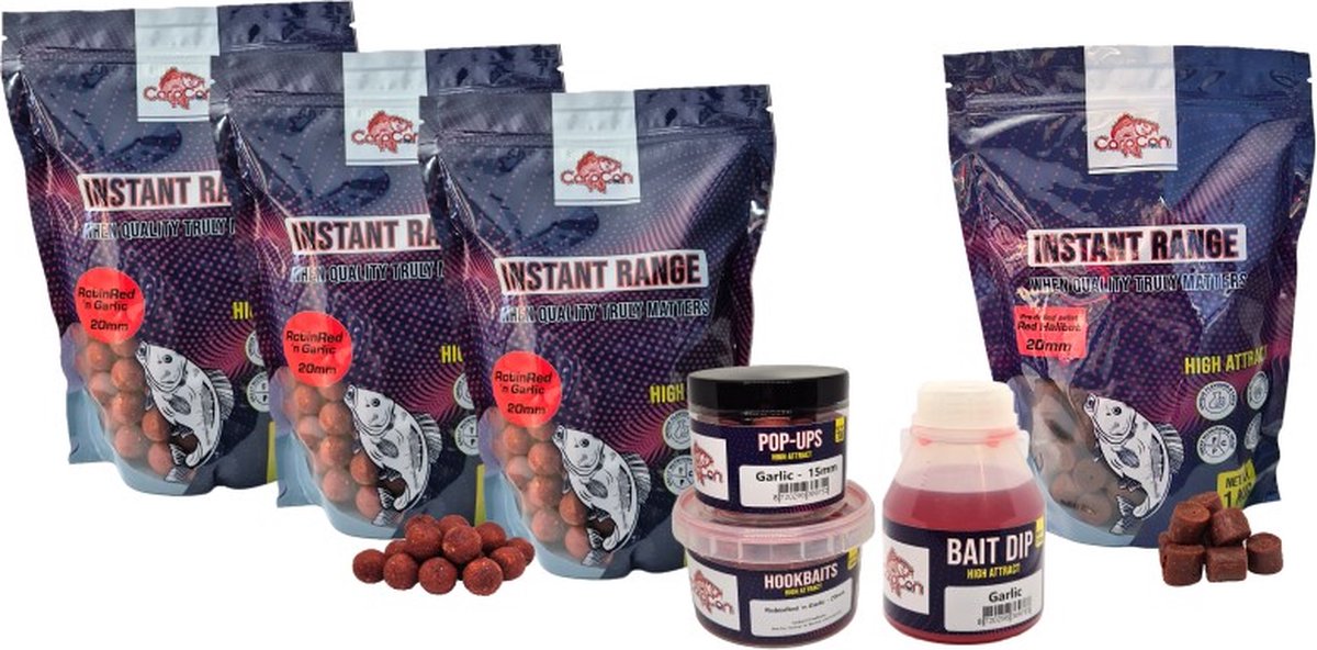 High Attract Voerpakket 'RobinRed 'n Garlic' Groot - 15mm - Met 3kg Instant Range Boilies, Bait Dip, Pop-Ups, Pellets & Hookbaits - Karper voer/boilies - Voordeelpakket voor vissers - Visset