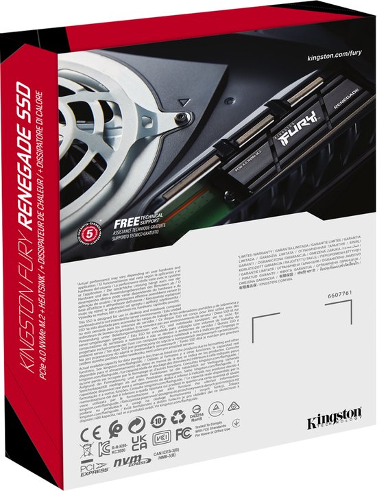 Verpakking Kingston FURY Renegade 550 SSD met heatsink. Zwart, rood, wit.