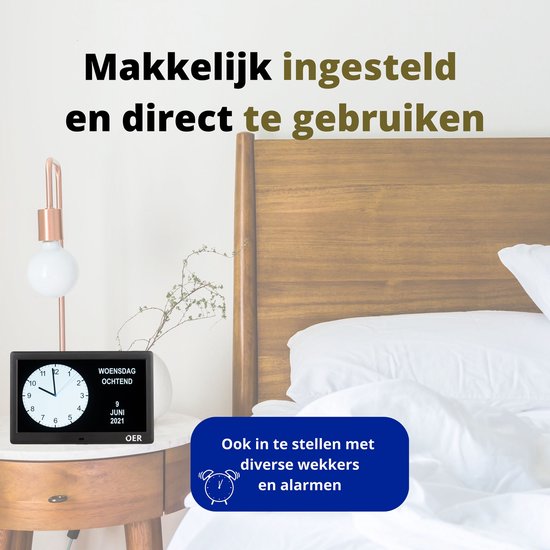 OER dementieklok naast een bed, met de datum 'woensdag 9 juni 2021' en tijd. Tekst: 'Makkelijk ingesteld en direct te gebruiken'.