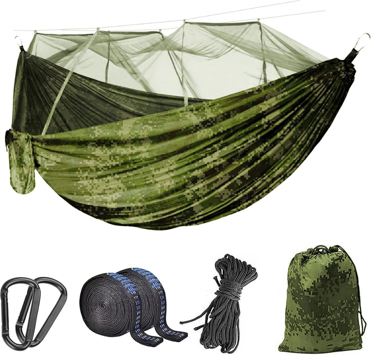 Hangmat met klamboe voor outdoor reiscamping ultralicht en camouflage 260 x 140 cm geschikt voor 2 personen 300 kg draagkracht