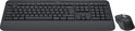 Donkergrijs Logitech toetsenbord met polssteun en een muis op witte achtergrond.