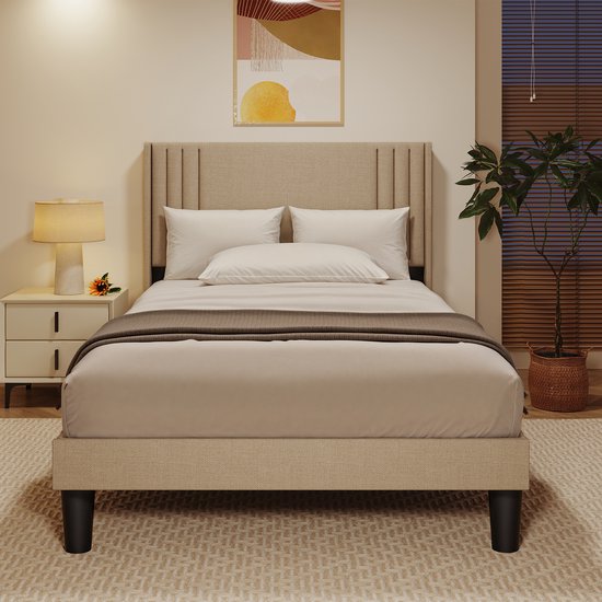 Bealife BF45 Cadre de lit - 200 x 120 cm - Tête de lit et sommier à lattes - Beige