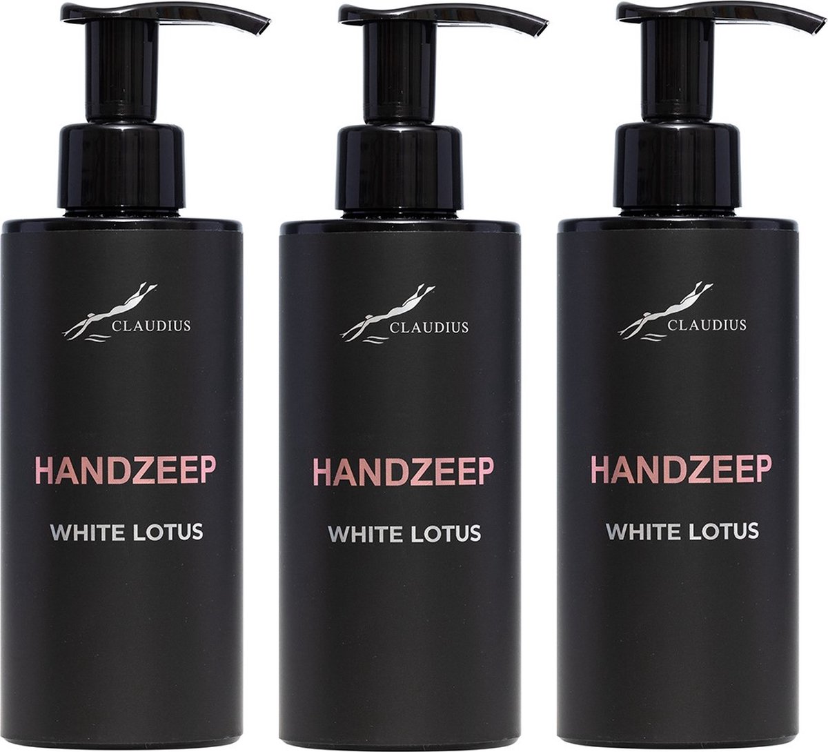 Goedkoopste Handzeep White Lotus 300 ml - met pomp - zwarte fles - set van 3 stuks - Voordeelverpakking