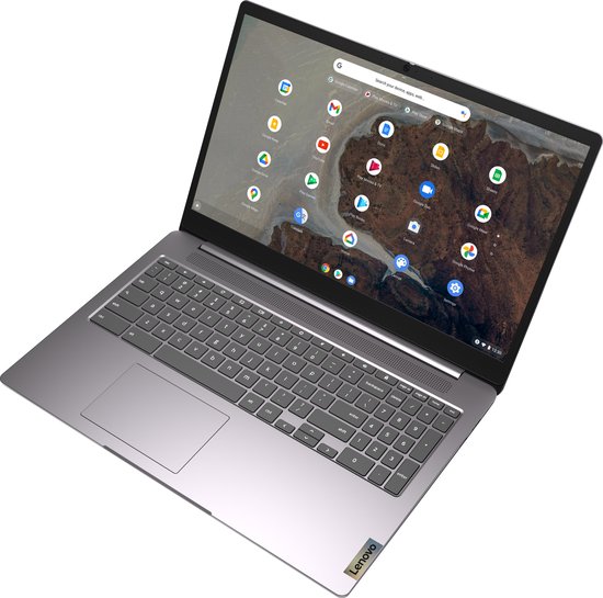 Lenovo Chromebook laptop in zilverkleur, opengeklapt, met zichtbaar toetsenbord en scherm met apps.