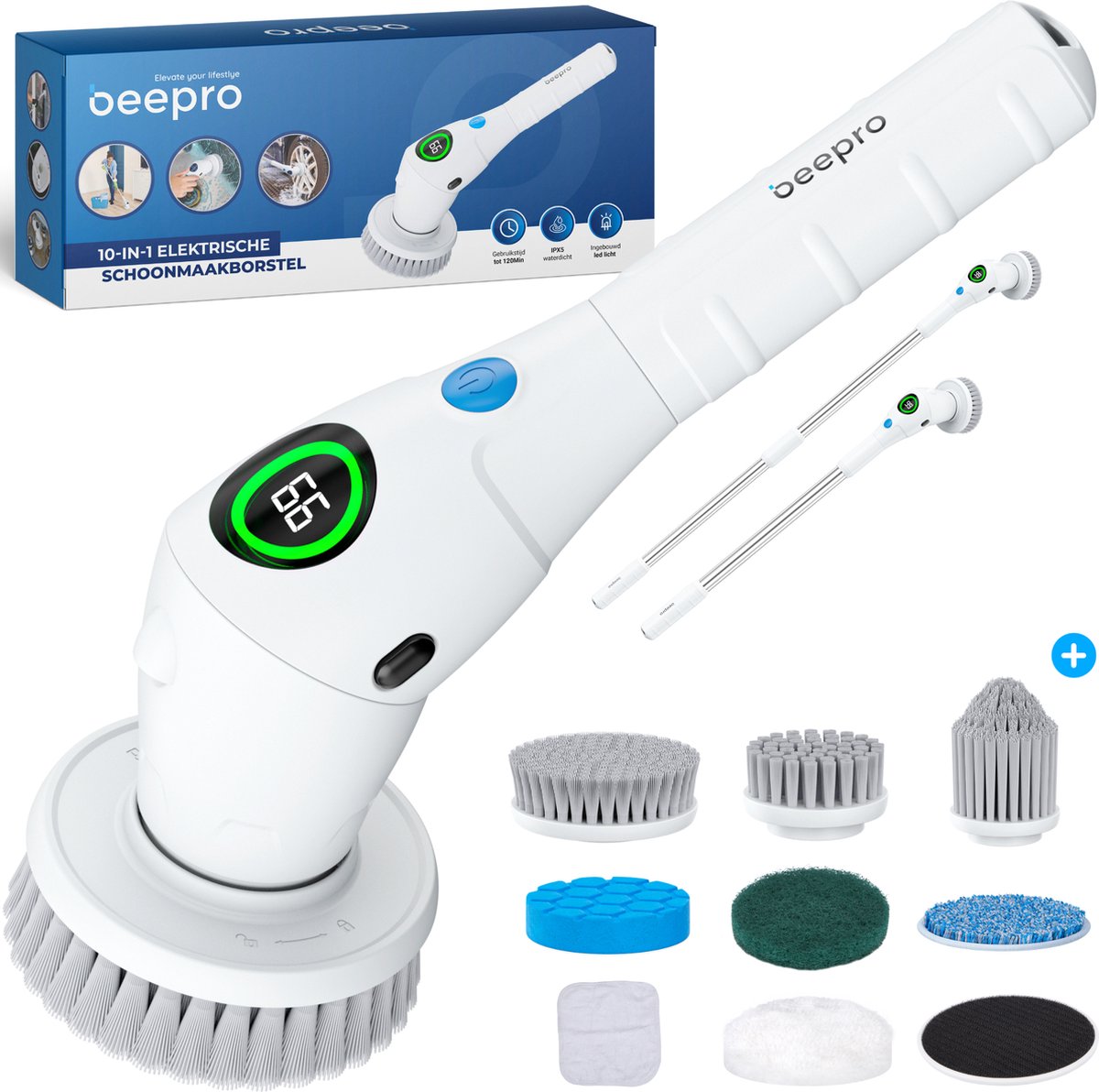 Goedkoopste Beepro® Elektrische Schoonmaakborstel - Elektrische Schrobber - Schrobborstel - Voor Badkamer en Keuken - Schrobber met Steel - 10 Opzetstukken