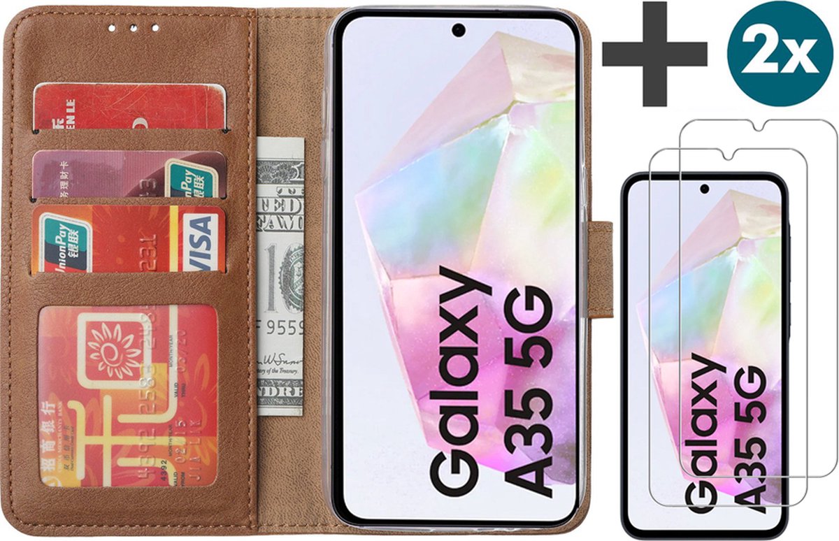 Hoesje met 2 Stuks Screenprotectors Geschikt voor Samsung Galaxy A35 – Arara bookcase met pasjeshouder - Bruin