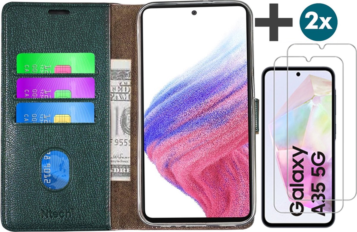 Hoesje met 2 Stuks Screenprotectors Geschikt voor Samsung Galaxy A35 – Arara bookcase met pasjeshouder - Groen