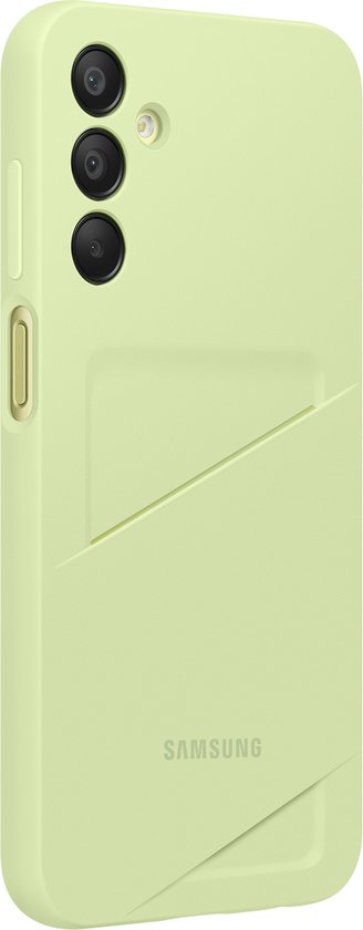Lichtgroen Samsung telefoonhoesje, achterkant met camera-uitsparingen en een sleuf voor pasjes.