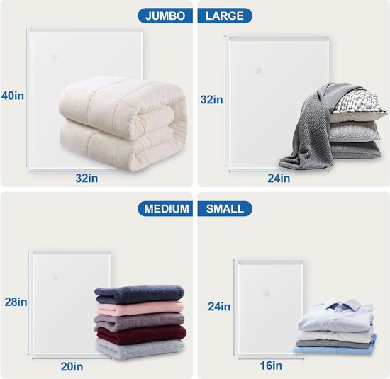 Vacuümzakken voor kleding - 12 stuks (3 jumbo-3 groot-3 middel-3 klein) - dekbedden