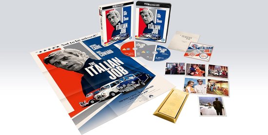 De "The Italian Job" 4K UHD + Blu-ray boxset met poster, cd's, fotokaarten en een replica goudstaaf.