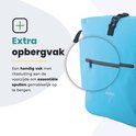Extra opbergvak met ritssluiting aan de zijkant van de blauwe fietstas.