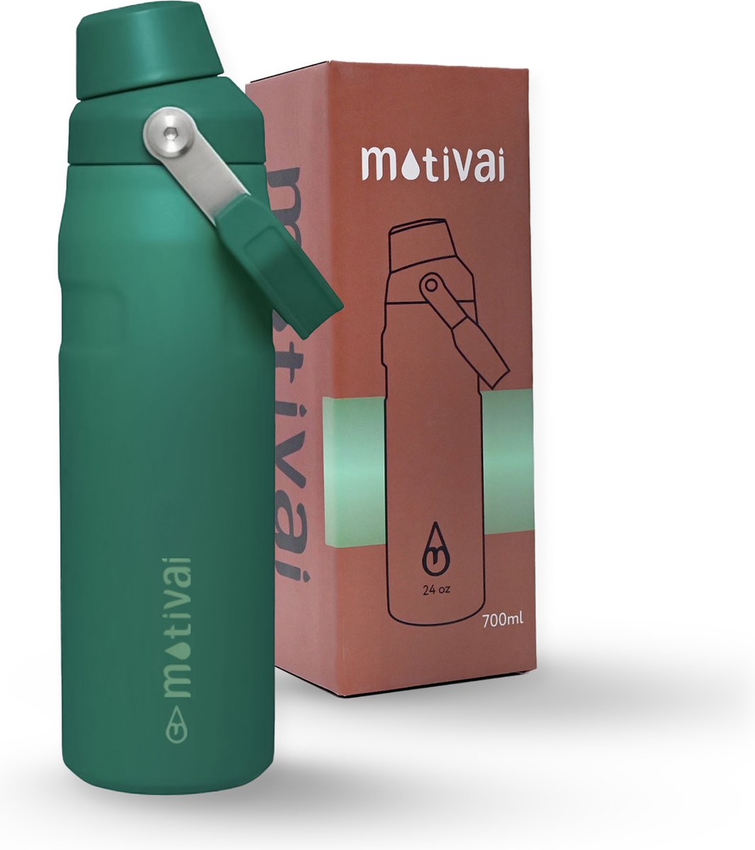 Motivai Fast Sip RVS Thermosfles met Draaidop & Handvat – 700ML (24oz) – Lekvrij & Dubbelwandig – Thermosbeker Waterfles To Go – BPA-vrij – Emerald Groen