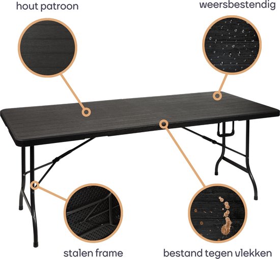 Zwarte tafel met houtlook, stalen frame, weerbestendig en vlekbestendig.
