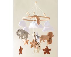 Joymaxx® Mobiel Baby Dieren Safari - Boxmobiel Vilt/Hout Handgemaakt - Babykamer Decoratie Neutrale Kleur- Muziekmobiel-Kraamcadeau - Babyshower Cadeau