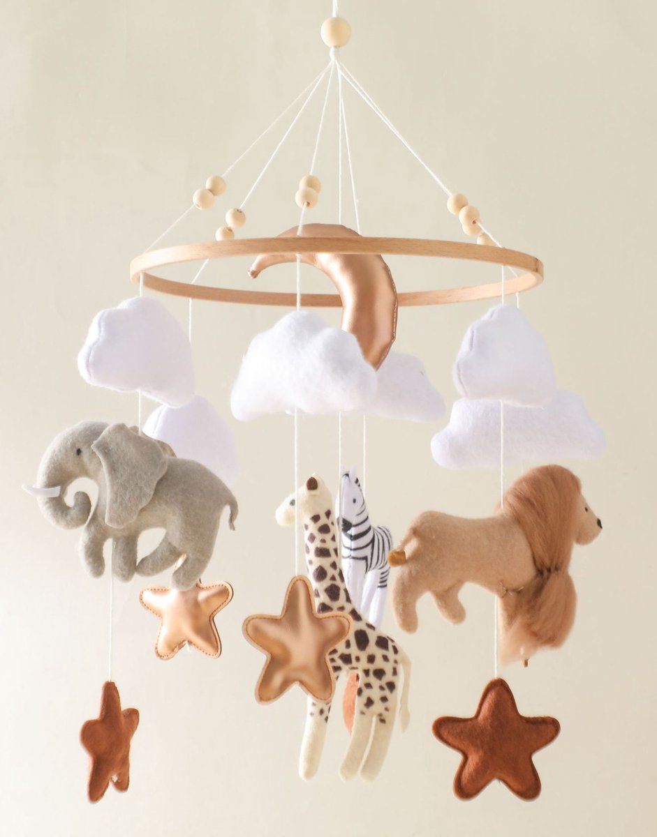 Joymaxx® Mobiel Baby Dieren Safari - Boxmobiel Vilt/Hout Handgemaakt - Babykamer Decoratie Neutrale Kleur- Muziekmobiel-Kraamcadeau - Babyshower Cadeau