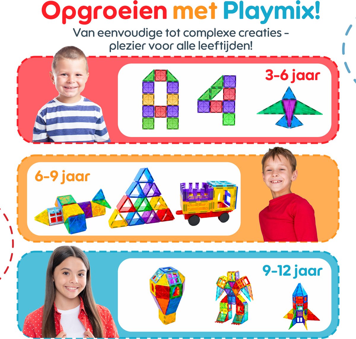 PlayMix Magnetic Tiles - 122 Stuks - Magnetisch Speelgoed - Bouwspeelgoed - Bouwblokken - Magna - Magneten Speelgoed - Magnetische Tegels - Bouwstenen - Montessori Speelgoed - Educatief Speelgoed - Jongens & Meisjes — cadeau in Spellen & Speelgoed - foto 8