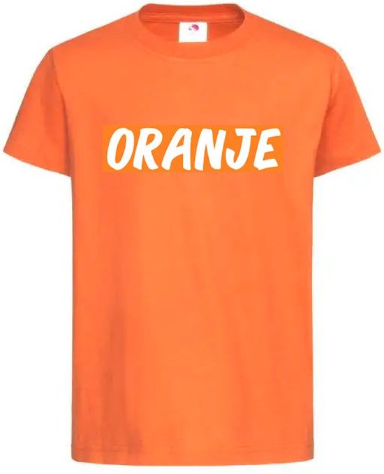 T-shirt Kinderen "ORANJE" Op Voorkant EK Voetbal Europees Kampioen Kampioenschap Oranje Koning Koningsdag | korte mouw | Oranje/wit | maat 122/128
