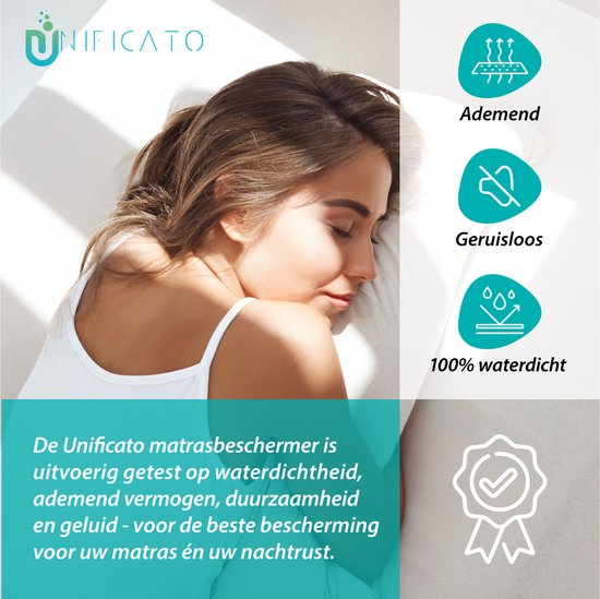 Slapende vrouw en iconen die aangeven dat de matrasbeschermer ademend, geruisloos en 100% waterdicht is.